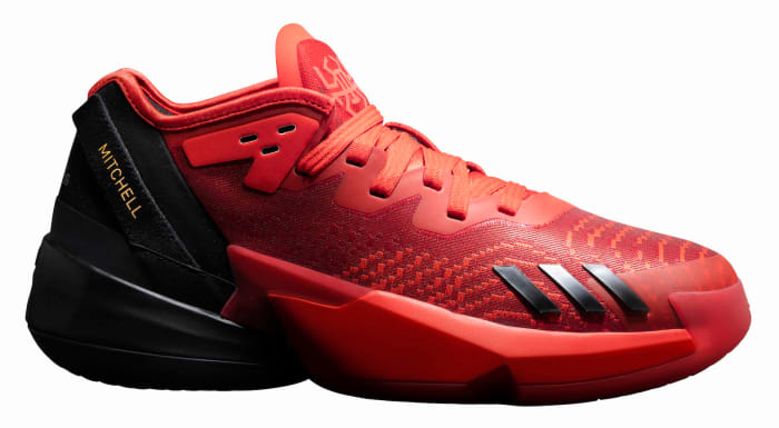 View of red and black Adidas DON Issue 4 shoes.